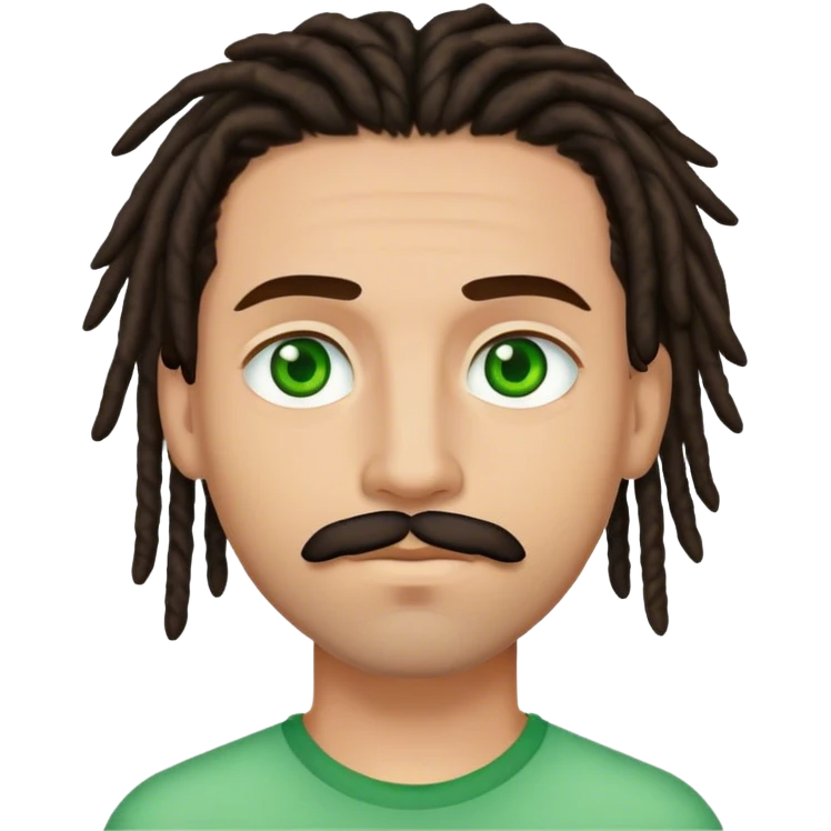 man light skinned, short dark brown dreads, light mustache, and green eyes. emoji