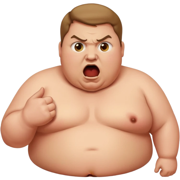 obese man bulging eyes, shouting angrily, 'PRONOUNS' at the top, Apple emoji style emoji