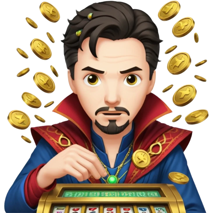 disheveled Doctor Strange losing money at a slot machine, panicked face, coins flying emoji