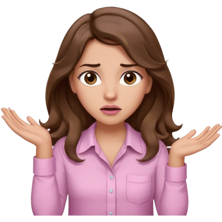 girl with wavy long brown hair, brown eyes, light to medium complexion, long lashes, light pink lipstick, wearing light pink shirt, shrugging with both hands, confused emoji