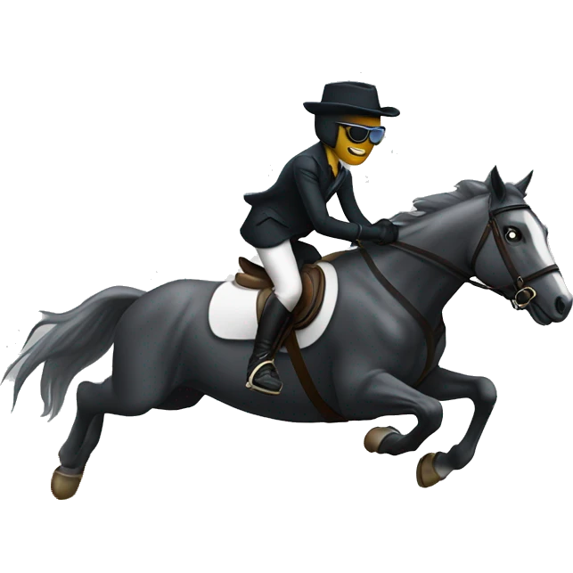Horse jumping an obstacle with rider who’s in ghost costume with sunglasses emoji