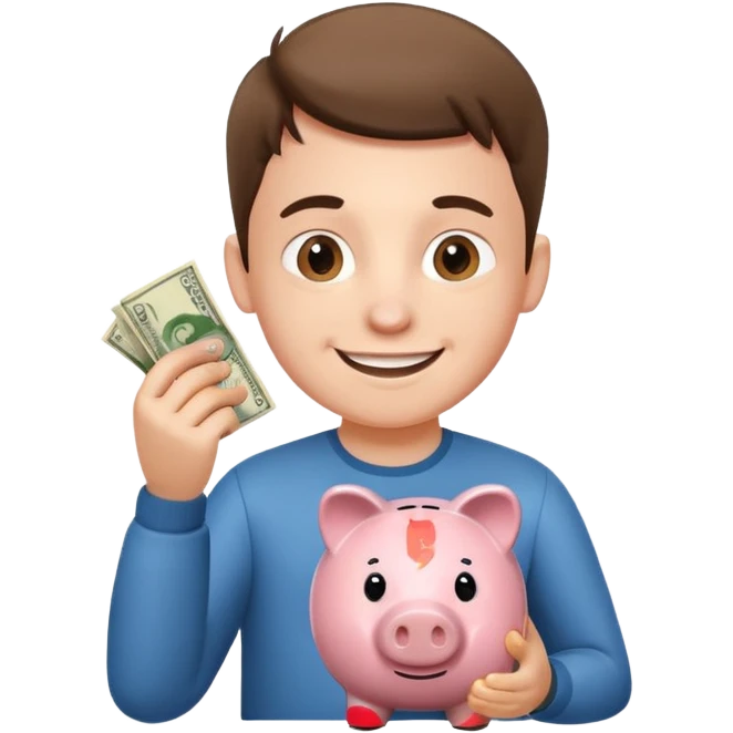 A young guy puts money in a piggy bank. emoji