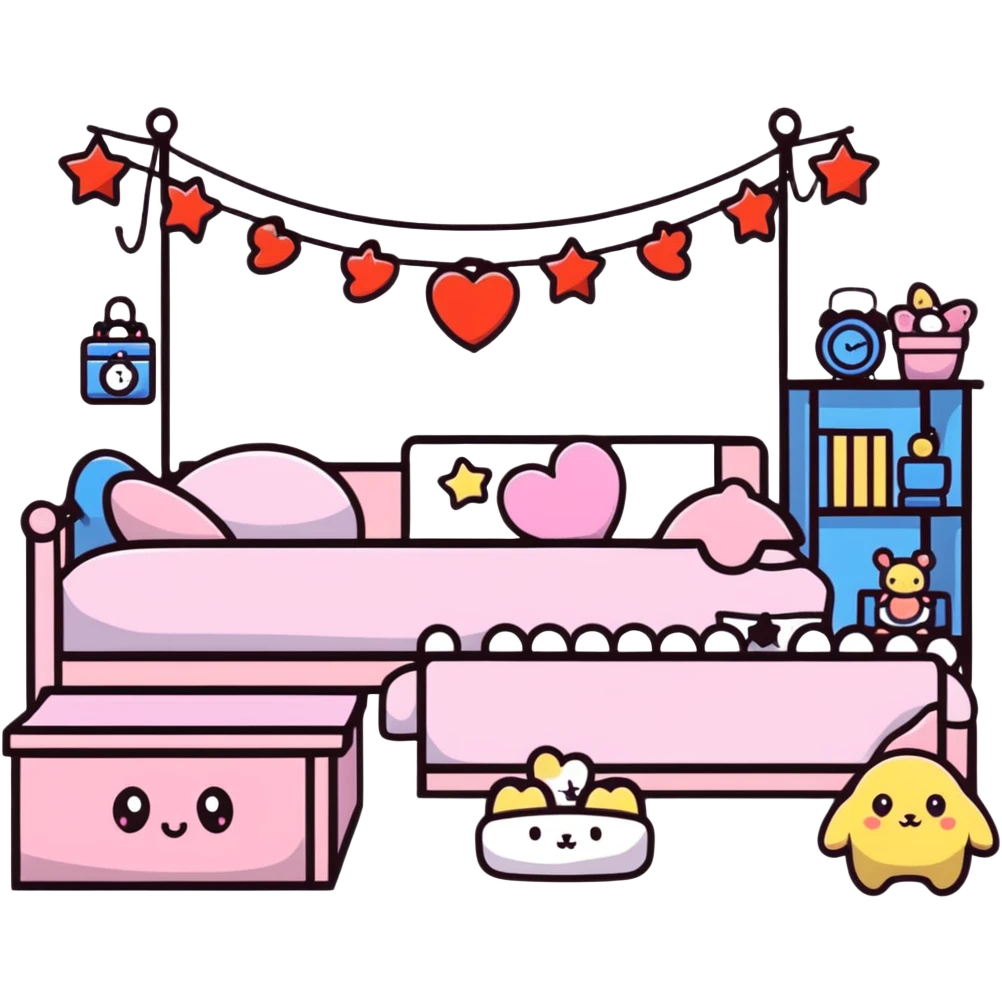 small cute bedroom with kawaii decor, stuffed animals, heart-shaped pillows, star garland emoji