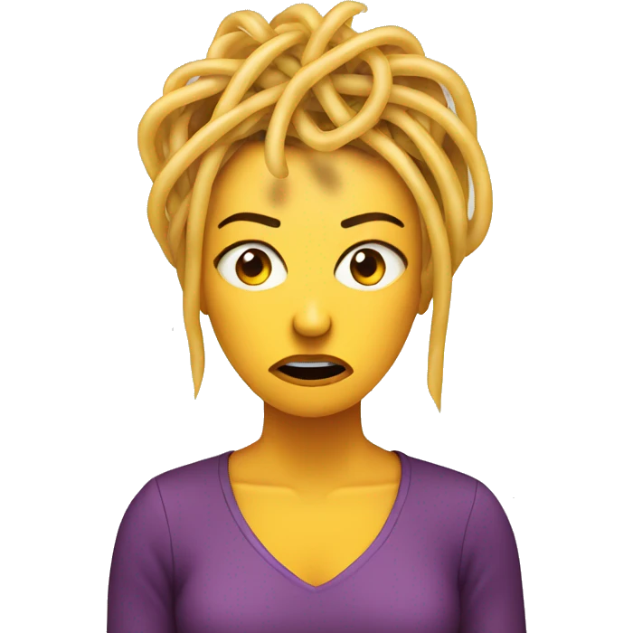 an angry woman’s face with spaghetti as hair emoji