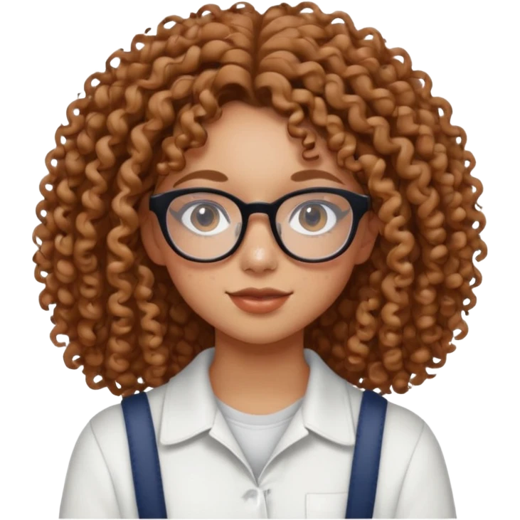 make a really curly hair, teen girl with glasses and little acne that looks like freckles longer like more than shoulder lengthcurly hair, and pretty withe makeup on giving clean girl vibes, and make her have tan skin

 emoji