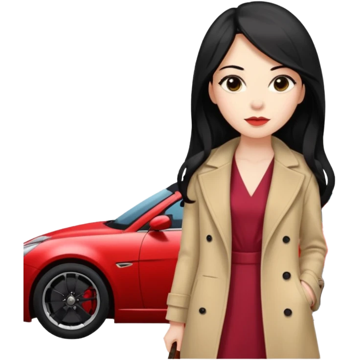 A fast, expensive black car with a young woman beside it The young woman has long black hair, wears a beige formal coat, and underneath is a cherry-colored dress.   emoji