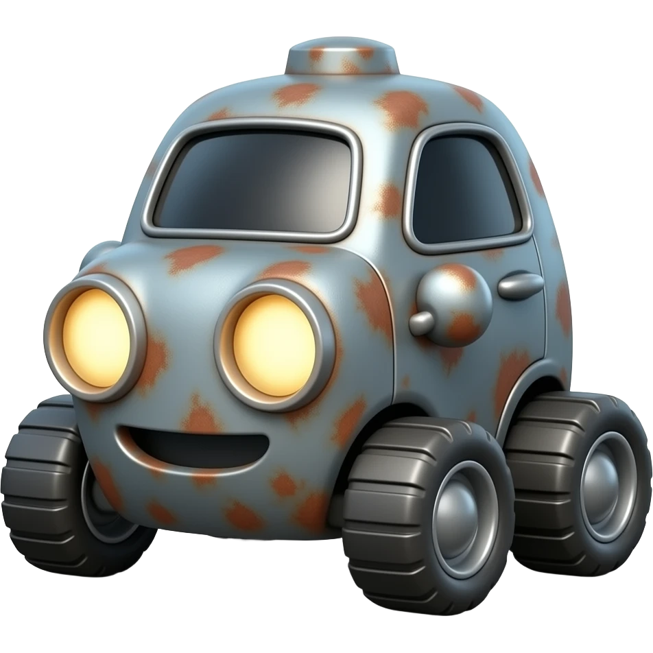 3D emoji-style rusty machine on four wheels, glowing round headlights, toy-like, gray metal with rust, soft lighting, clean background emoji
