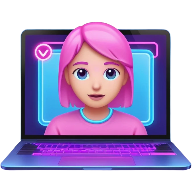 laptop computer with video call showing a person on screen, pink and light blue interface, with neon glow lines, blue neon light on top left, purple neon light on bottom right emoji
