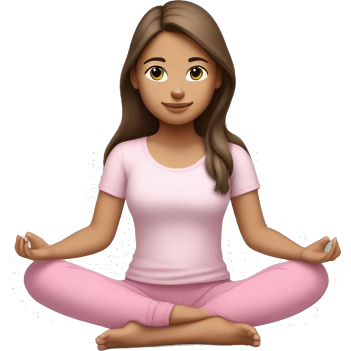 a girl with brown long hair, fair skin and green eyes, meditates in a relaxed lotus position in a comfortable monochrome pink top and monochrome pink leggings emoji