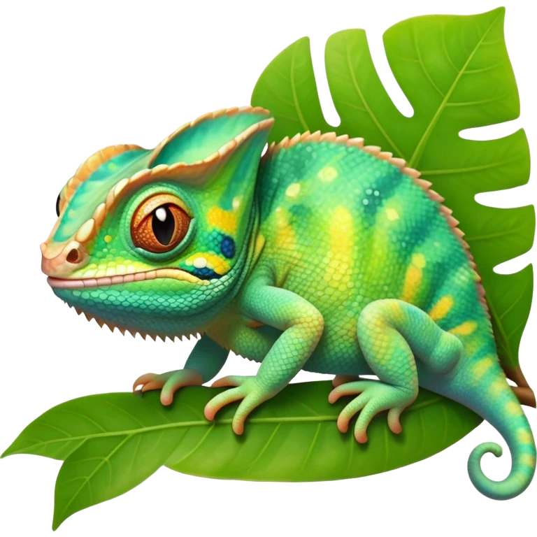 cinematic cute-smiling baby chameleon-realistic emoji,-blending-with-vibrant-greenery.-detailed-scales-in-shifting-colors,-showing-the-chameleon’s-ability-to-camouflage.-soft-natural-light-highlights-its-texture.-nature-background, zoomed into its face emoji