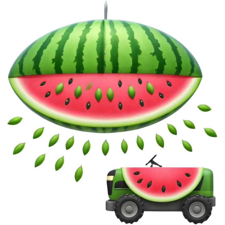 A UFO shaped like a slice of watermelon abducting seeds with a tiny tractor beam. Bright fun colors, cartoon style, minimal shadows, transparent background. emoji