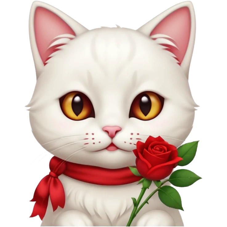 Cute emoji-style white cat holding a red rose in its mouth, big round eyes with visible white sclera, smaller pupils, soft warm brown irises, fluffy fur, clean mascot style, gentle cute expression, centered, transparent background, 1:1 ratio. emoji