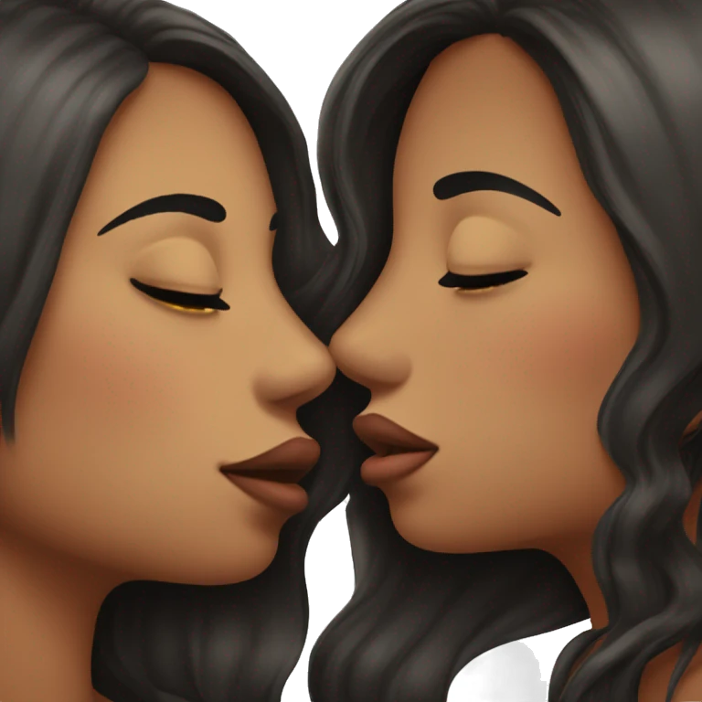 two lesbians kissing on the lips. Both have long dark hair, one girl has freckles emoji