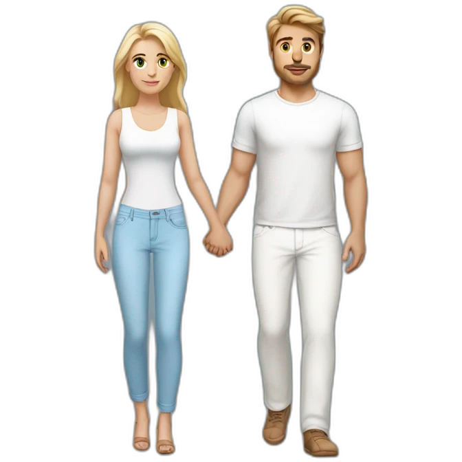 full body beautiful blonde woman wearing light-blue pants holding hands with full body man with medium brown hair wearing white pants emoji