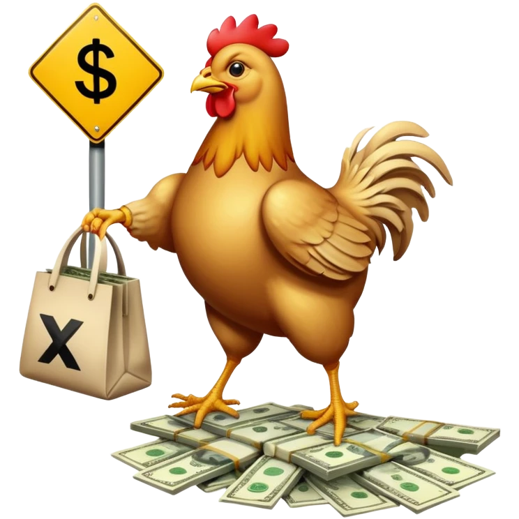 "Road" sign with a chicken running along it with a bag of money
— Road below (like in Frogger), chicken in flight (or on a skateboard, because why not), bag of money behind. An egg with an X is flying in the air. This conveys dynamics + plot in 1 pictogram. emoji