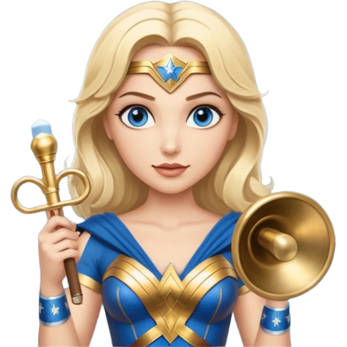 Blonde blue eyed Wonder Woman holding white orchestra conductor’s baton and bell emoji
