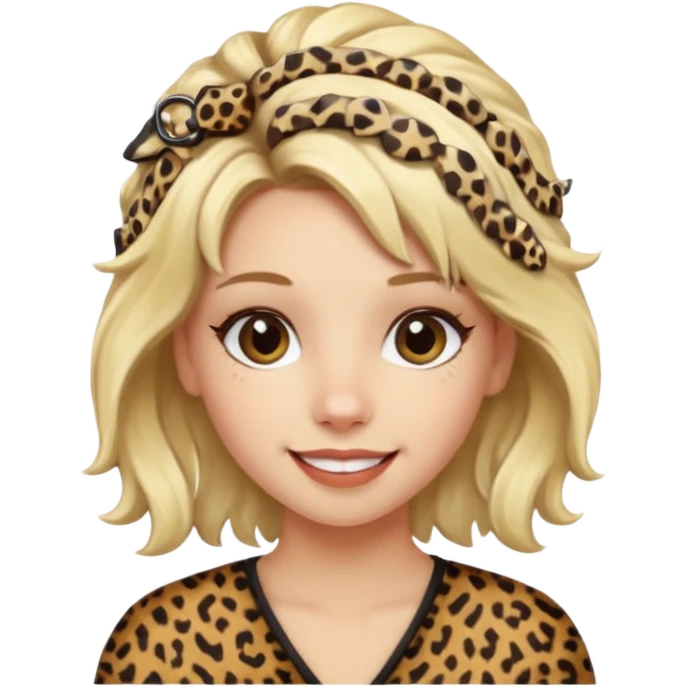 Une fille blonde et joyeuse. Elle porte une coiffure rock et originale avec des barrettes pour cheveux  léopard et motif peau de vache. emoji