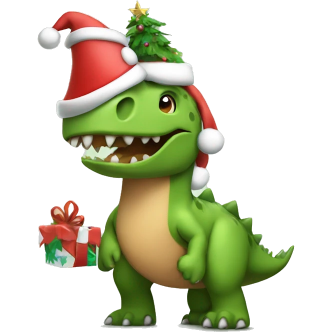 Dinosaur with Christmas hat with tree emoji