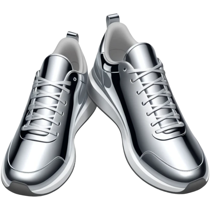 A pair of futuristic sneakers emoji made of silver chrome, sleek streetwear design, smooth metallic panels, subtle reflections, luxury swag aesthetic, iOS emoji style, centered, clean white background emoji