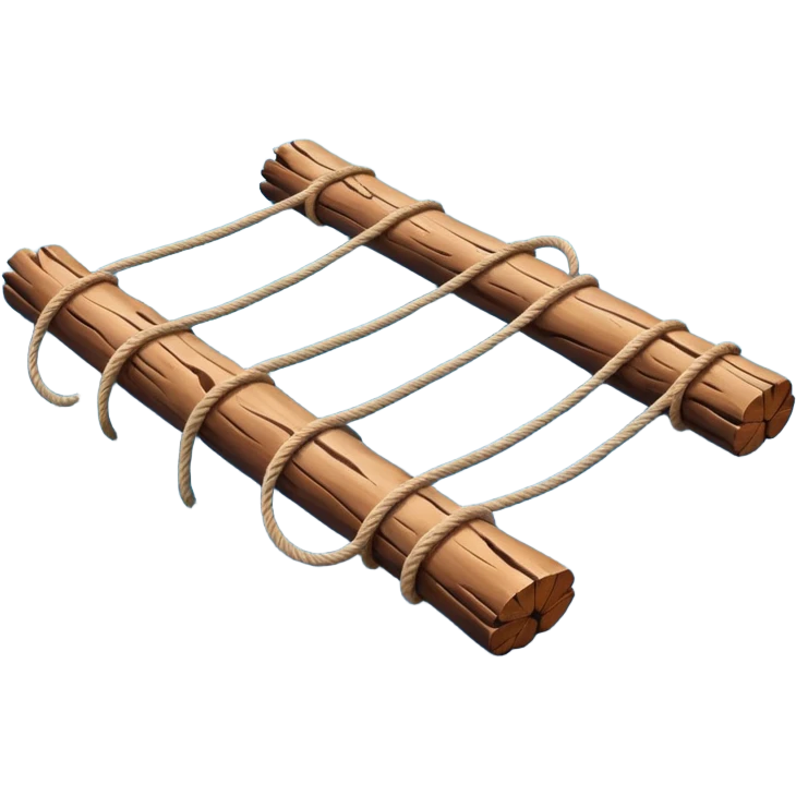 showing a simple wooden raft floating on calm blue water — made of several brown logs tied together with rope — gentle ripples around it — bright, cheerful lighting and soft shadows — minimalist, clean emoji design emoji