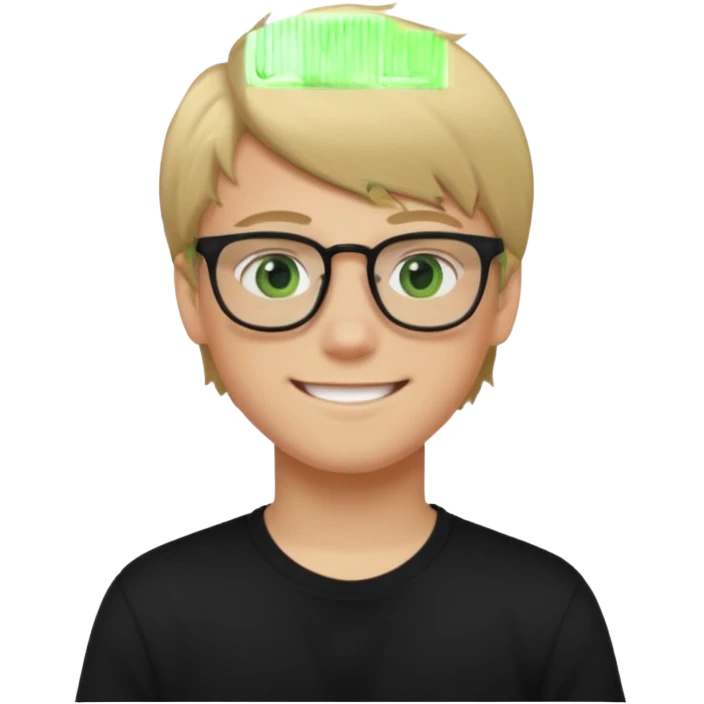 Generate me a profile picture like with a teenage boy who has dirty blond hair, green eyes, glasses and a black t-shirt emoji