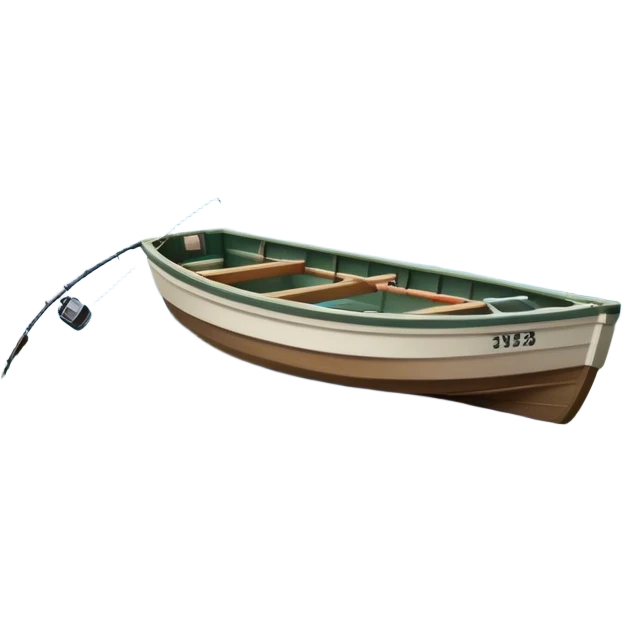 Icon for Fishing: a boat on the shore of a serene lake, including trees and water, with a scenic natural background, a fishing rod and tackle box. The icon should represent the peacefulness of fishing. Transparent background, no border. emoji