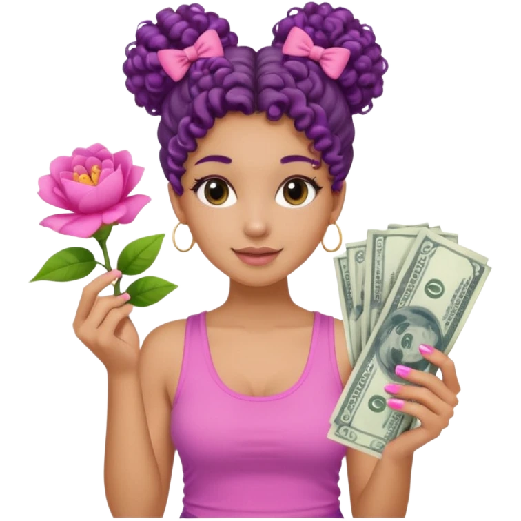 Uma menina com o cabelo cacheado com um Coque com baby hair, morena, e com uma regata rosa com unha em gel,e com dinheiro na mão ,e com flores na outra mão  emoji
