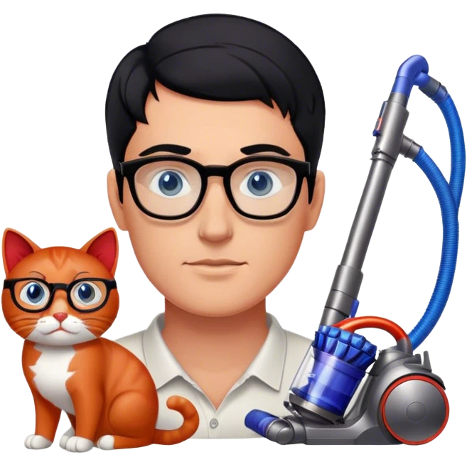 Man with black hair and blue eyes with glasses using Dyson gen5  with 2 red cats emoji
