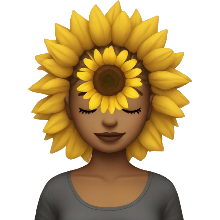 A girl wearing a sunflower plushie around her face and head emoji