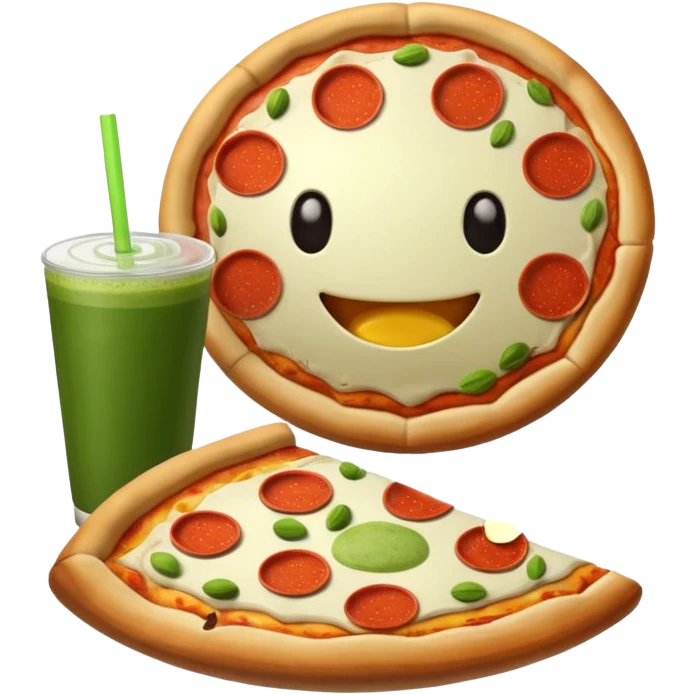 A football eating a pizza with a matcha drink emoji