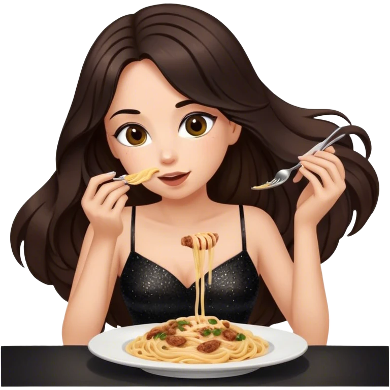 Beautiful woman in 1950’s woman fashion look, black shimmery dress, long dark brown hair, Carbonara emoji