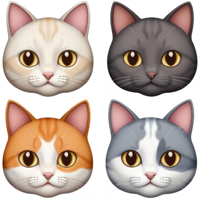 4 different coloured short haired cats including; a dark brown and white cat, and a dark grey and white  emoji