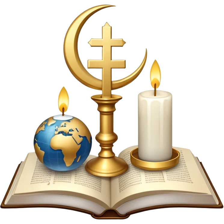 An icon featuring a holy book, a candle, and a cross, symbolizing religious studies. The design includes a globe with various religious symbols: a crescent moon and star (Islam), a lotus flower (Buddhism), representing global belief systems. Transparent background. emoji