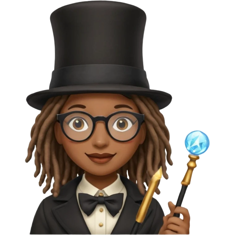 Black female with dread lock hair and large glasses in a top hat with a magic wand emoji