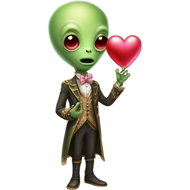 a green alien man in Victorian dress white gold, pink hair,holdig, red big hearth, full body emoji