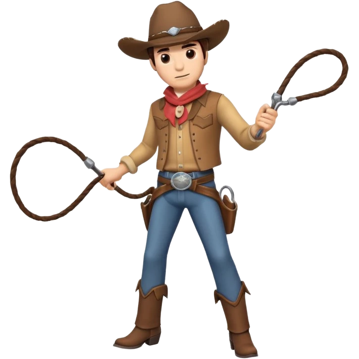 cowboy man holding a whip, dynamic pose, western outfit, adventure vibe, 3D cartoon, mobile game icon style, clean background, no text, no watermark
 emoji