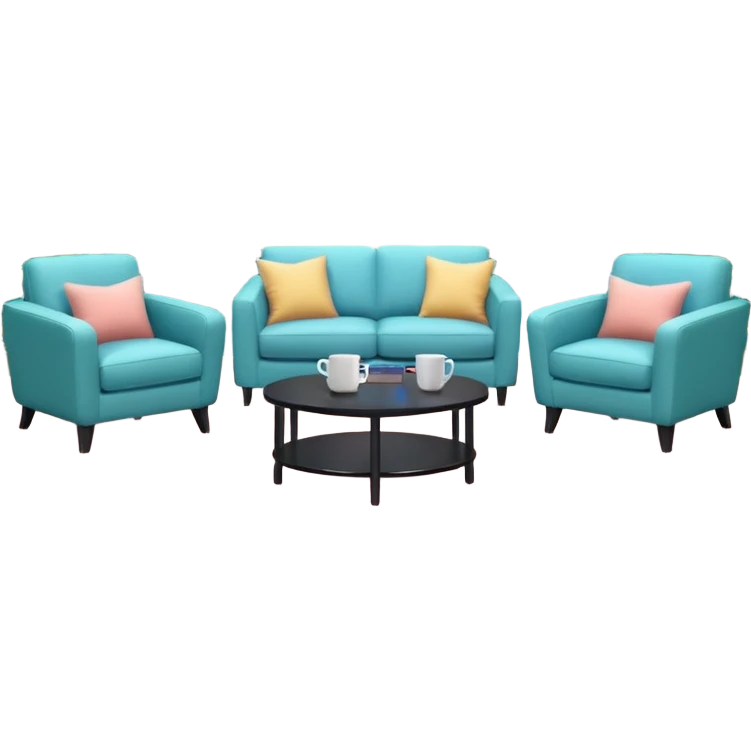 Morning entertainment TV studio, cozy talk show set with armchairs and couch with people, LED screen behind, warm pastel colors, green and blue lighting panels, festive decorations, friendly daytime TV atmosphere, realistic broadcast studio, no branding. emoji