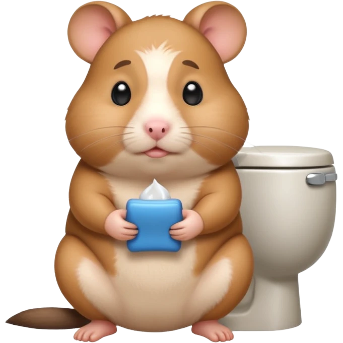 Cute chubby cartoon-style hamster sitting on toilet pooping looking as if he had an accident emoji