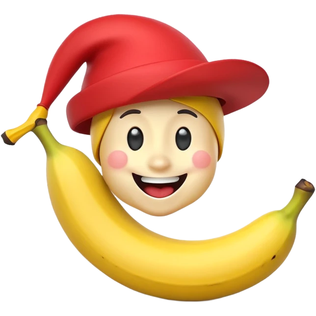 A 3D cartoon banana with a red nose and tiny hat, smiling face, playful pose, Memoji-style. emoji
