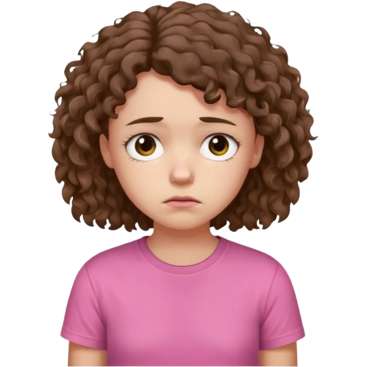 Young girl with unkempt curly hair and a pink T-shirt, looking sad and discouraged emoji