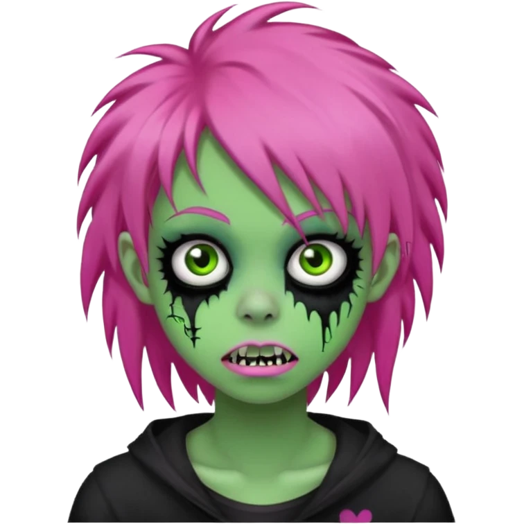 girl, green zombie, pink coily hair, medium long, emo, shaggy, dark, spooky, piercing on eyebrow, colourful teeth, creepy blank expression emoji