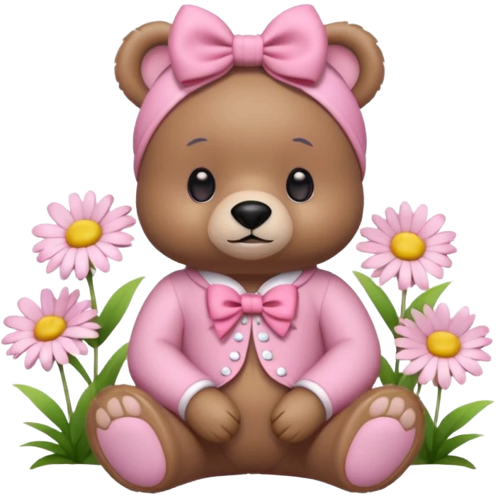 kawaii bear with a pink bow and pink outfit, sitting with flowers and daisies, adorable expression, pastel pink background, 3D iOS emoji style emoji