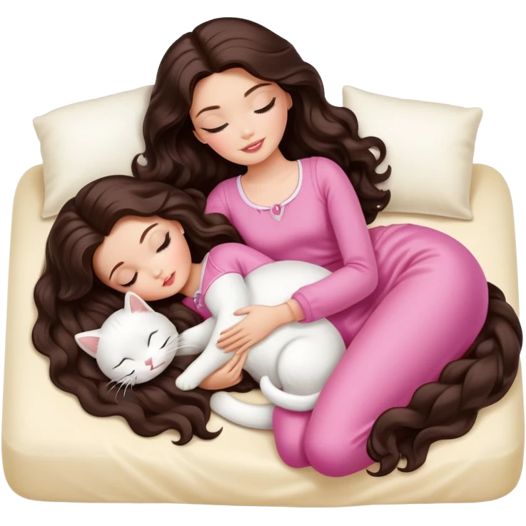 White Barbie girl dark brown long wavy hair sleeping with white kitty at cream bed emoji