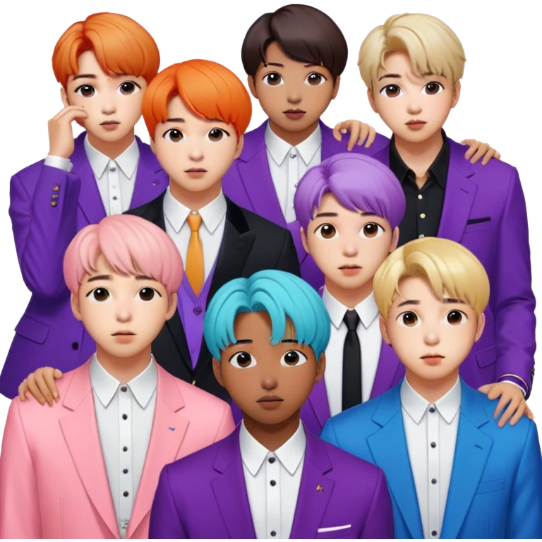 Cinematic Realistic group portrait of BTS featuring all 7 members in stylish modern attire, with detailed facial expressions and vibrant colors, captured in dynamic, contemporary lighting that emphasizes their global pop icon status emoji