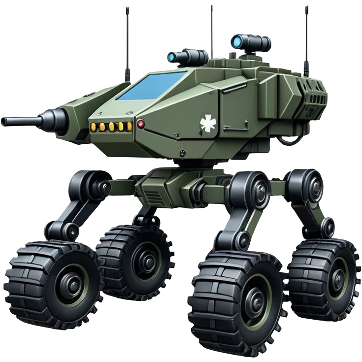 a roomy American 8-wheel armored medical personnel stealth camouflage army massive mech trail vehicle shooting forward side-hill leaning actively robotically articulating hydraulic independent suspended pod gimbal enemy mech off-road racing rover with large fast engine RC basher crawler megatron  emoji