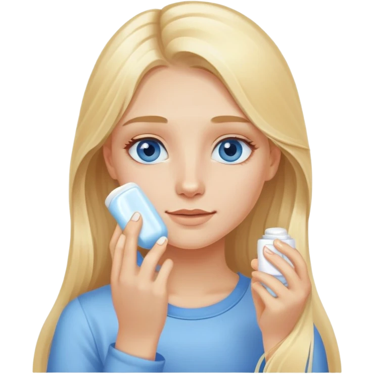 Skincare night blonde girl with long hair and blue eyes putting lotion on her face emoji