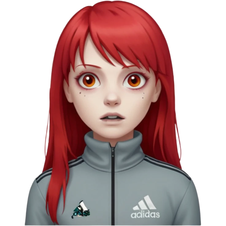 Crie um emoji de uma menina zumbi  com o cabelo vermelho longo com uma franja reta casaco de gola alta da adidas emoji