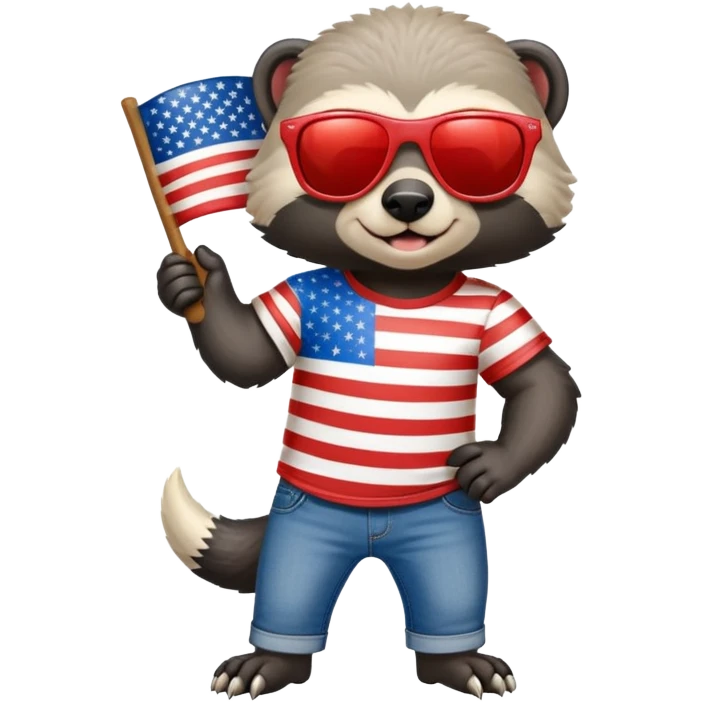 friendly anthropomorphised honey badger in jeans and a t-shirt, wearing sunglasses, dressed for USA Independence Day with red, white, and blue clothing emoji