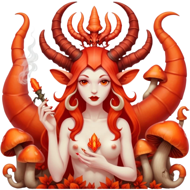 Feminine red Scorpio Baphomet standing among trippy red and orange mushrooms.. she’s smoking  and holding a king scorpion  emoji