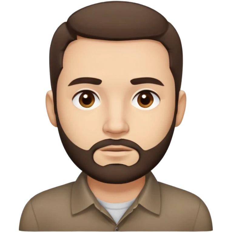Close-up of René Monclova with light skin tone, round face, broad cheekbones. Lively dark brown eyes, thick straight eyebrows. Short messy brown hair with slight receding hairline. Untidy brown beard covering jaw. Wearing a dark collared shirt. emoji